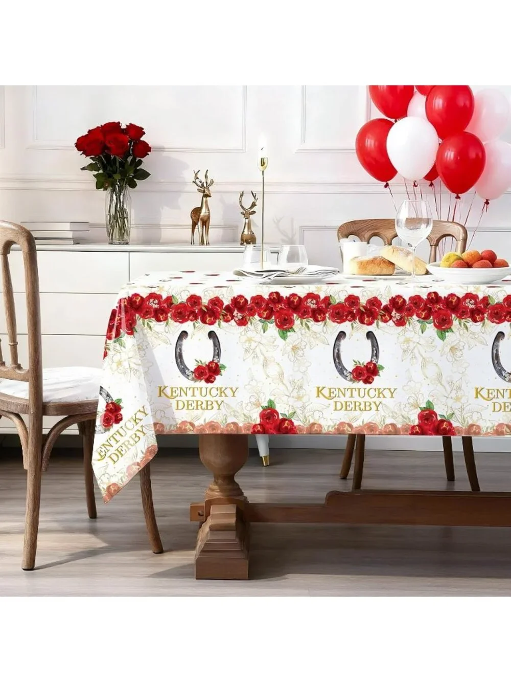 3 Pc Kentucky Derby Plastic Tablecloth Set 54x108 Red Rose Horse Racing Party